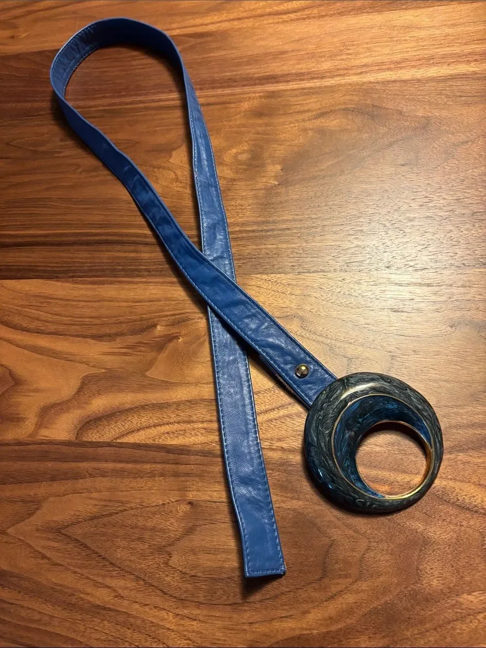 Vintage Alexis Kirk Blue Statement Belt with Round Gold and Blue Swirl Buckle